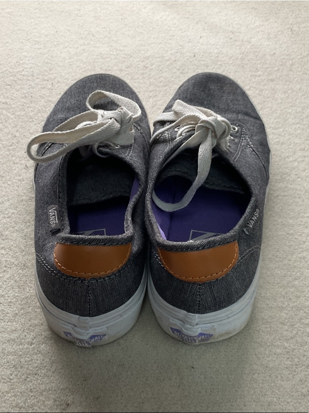 Vans Dark Gray Canvas Low-Top Sneakers with White Laces and Brown Heel Tab - Picture 3 of 4